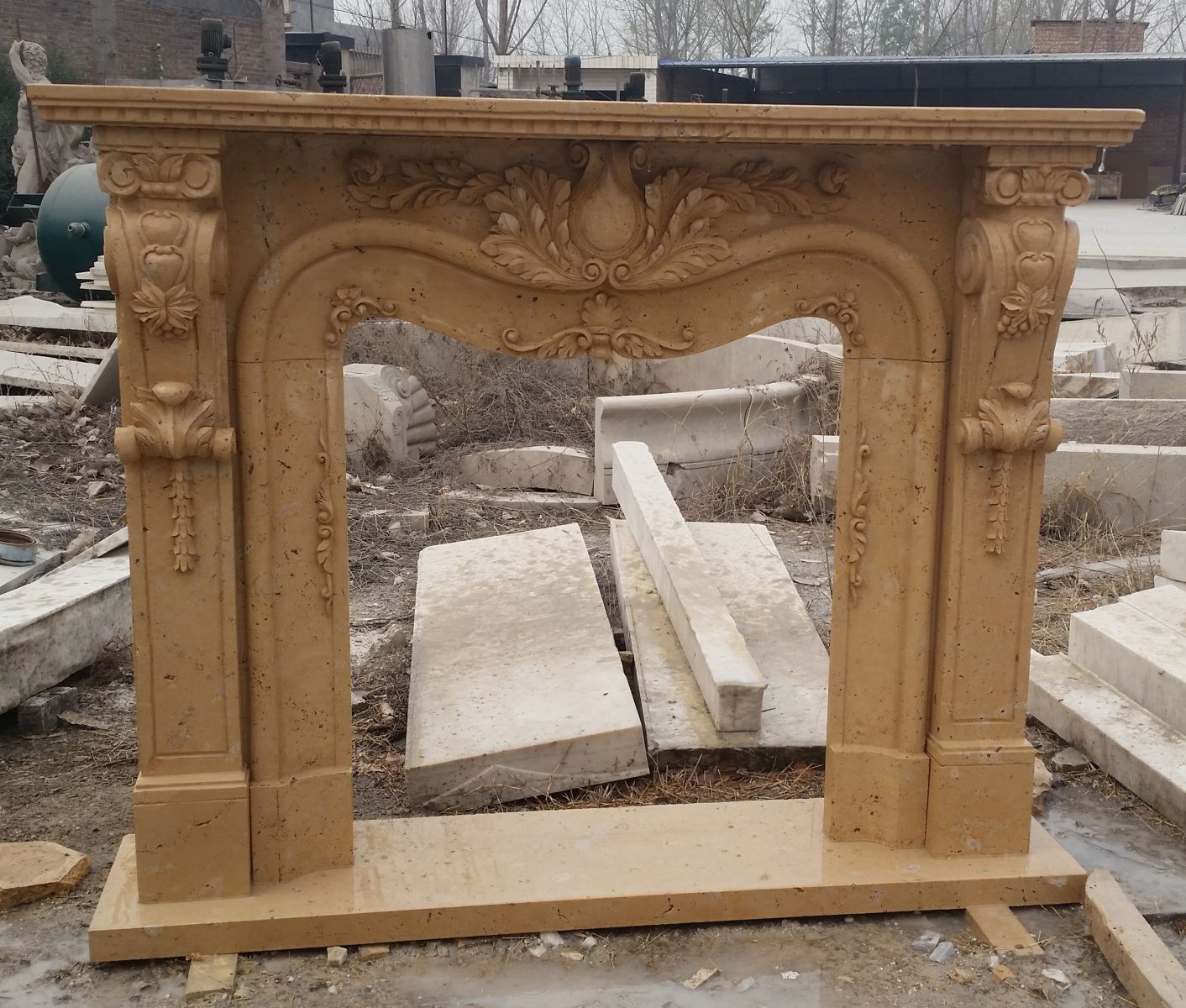 Chinese Yellow Limestone Fireplace Mantel