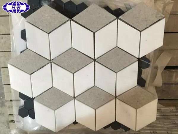 3D Mosaic Marble Tiles, Natural White Carrara Marble Tiles