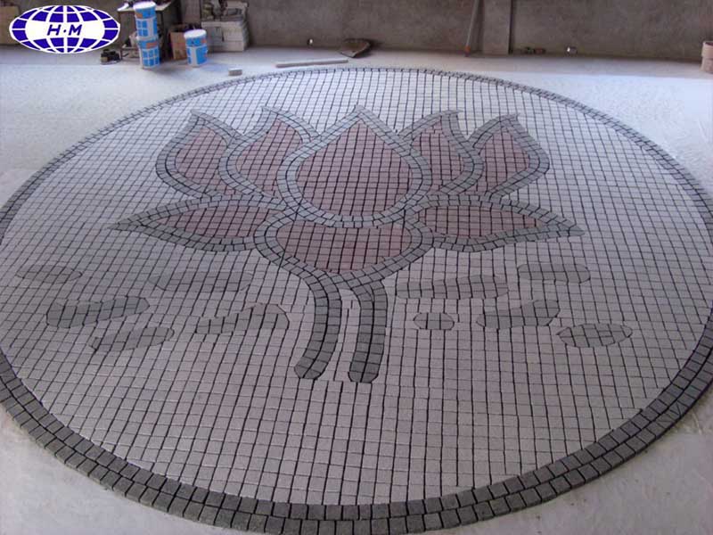 Natural Granite Stone Mosaic Pattern, Flower Paving Stone On Mesh